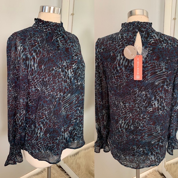 Animal Print Ruffle Top Blouse 6 Small NWT blue black leopard print MoB wife - Picture 11 of 11
